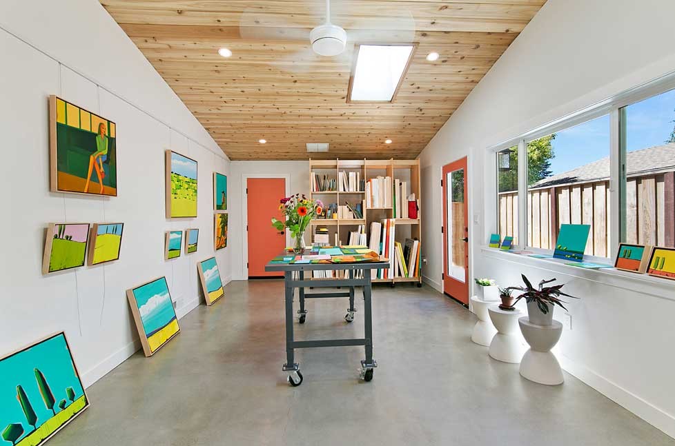 This art studio includes lots of windows and two skylights for an abundance of natural light.