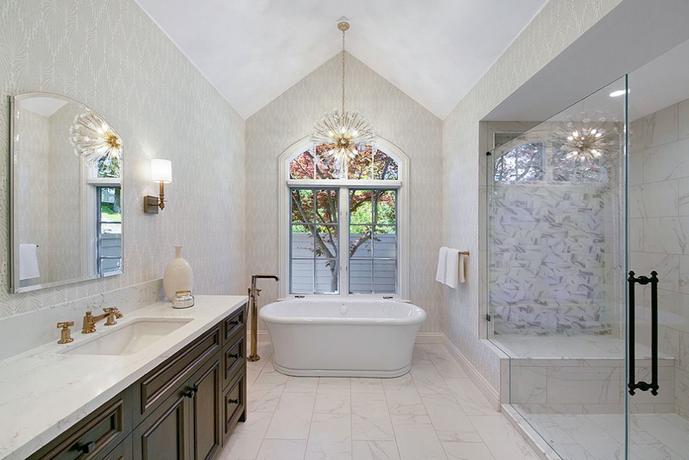 A gorgeous transitional style primary bathroom